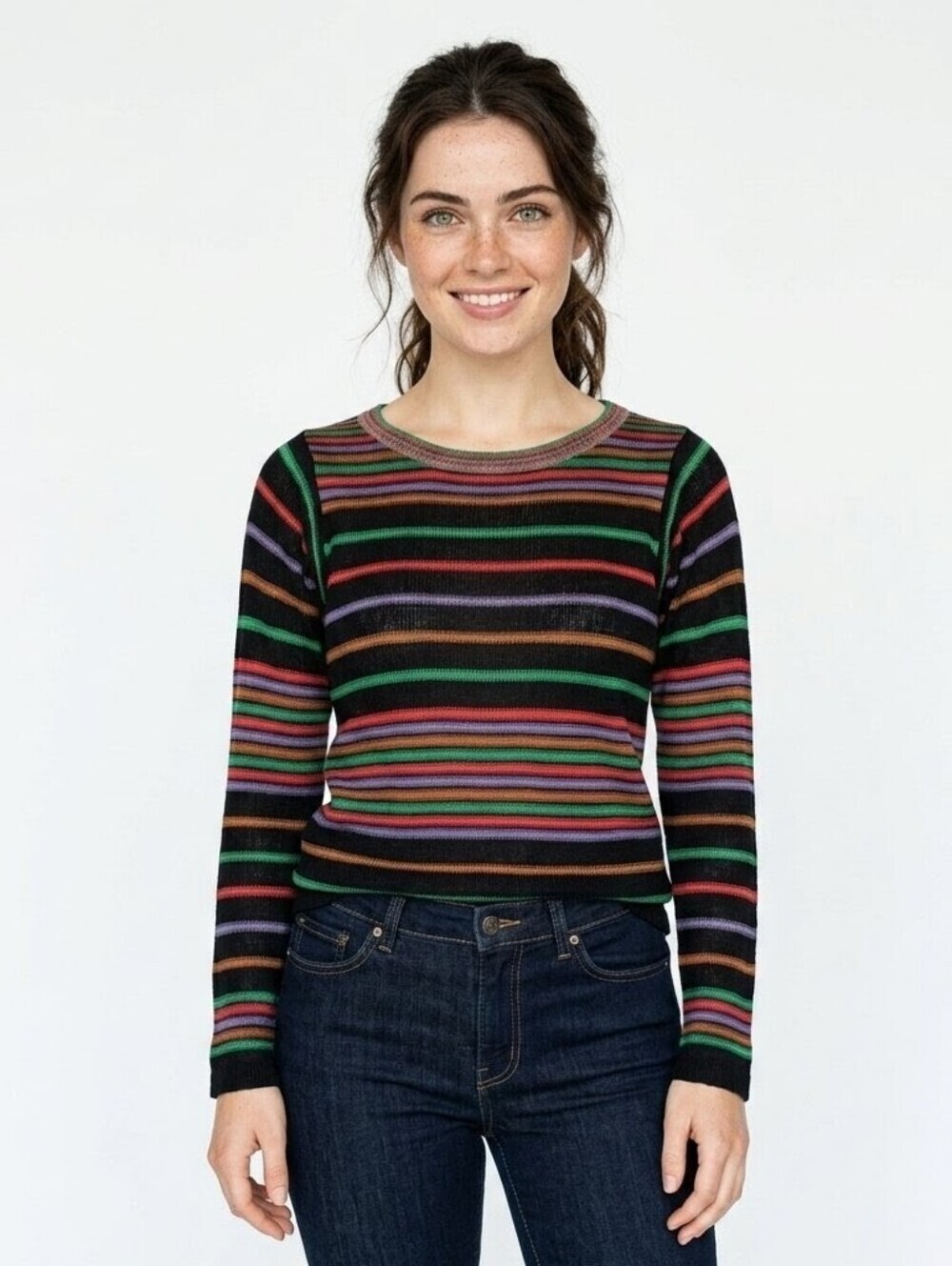 George Vintage Black Multi-color Striped Long Sleeve Light Sweater - Small